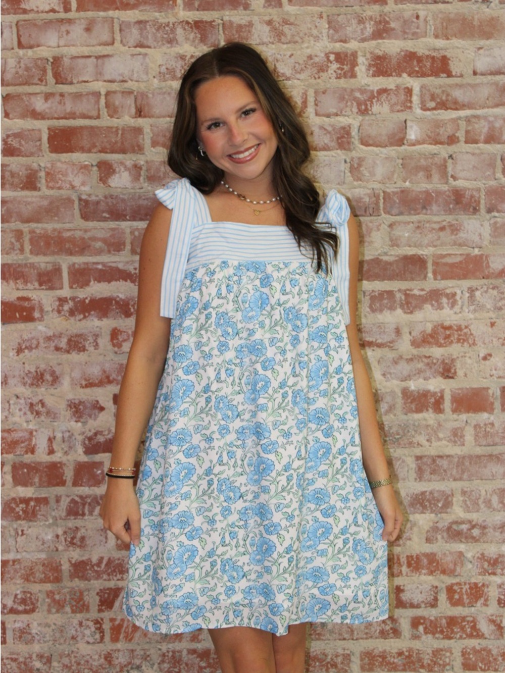 LA Society Sky Blue Floral Stripe Patchwork Bow Knot Strap Mini Dress